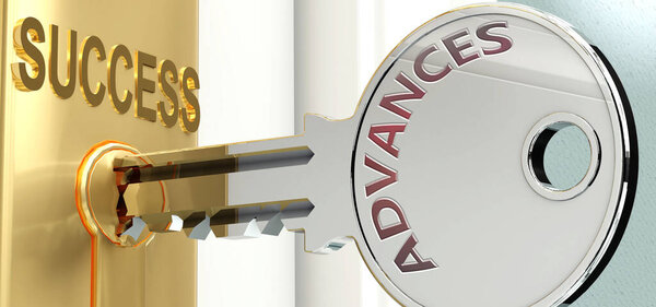 Advances and success - pictured as word Advances on a key, to symbolize that Advances helps achieving success and prosperity in life and business, 3d illustration