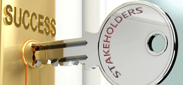Hissedarlar ve başarı - bir anahtar üzerinde kelime hissedarları olarak resmedilmiş, Hissedarların hayatta ve iş hayatında başarı ve refah elde etmeye yardımcı olduğunu sembolize etmek için, 3d illüstrasyon
