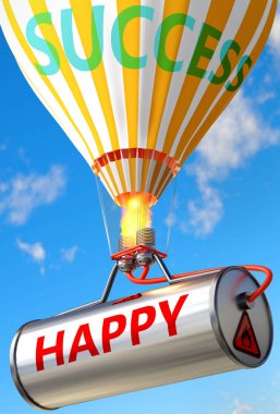 Mutlu ve başarı - Mutlu ve bir balon olarak resmedilmiş, Happy 'nin hayatta ve iş hayatında başarı ve refah elde etmede yardımcı olabileceğini sembolize etmek için, 3D çizim