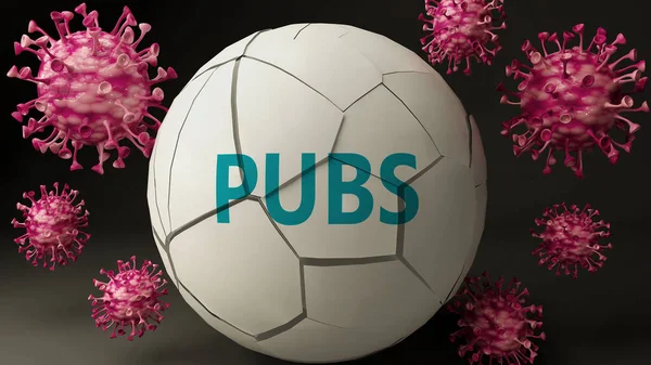 Covid-19 virus and pubs, symbolized by viruses destroying word pubs to picture that coronavirus outbreak impacts pubs in a very negative way, 3d illustration