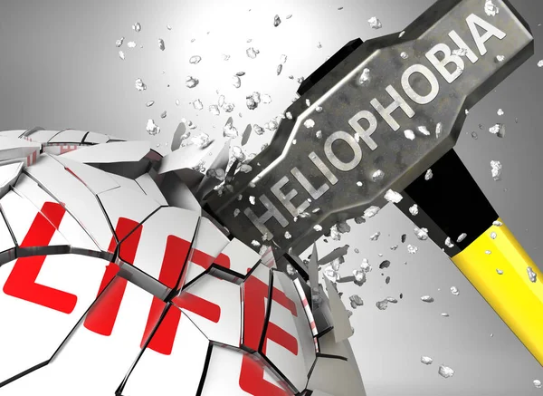 ヘリフォビアと健康と生活の破壊 言葉で象徴されるヘリフォビアとヘリフォビアの負の側面を示すためにハンマー 3Dイラスト — ストック写真