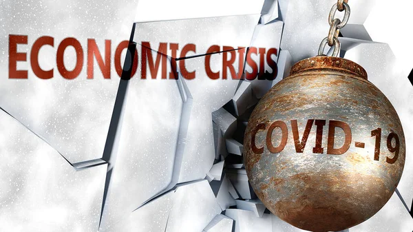 Covid and economic crisis,  symbolized by the coronavirus virus destroying word economic crisis to picture that the virus affects economic crisis and leads to recession and crisis, 3d illustration