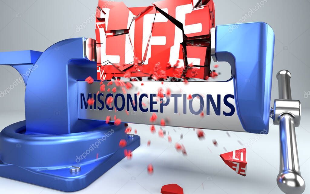 Misconceptions can ruin and destruct life - symbolized by word Misconceptions and a vice to show negative side of Misconceptions, 3d illustration