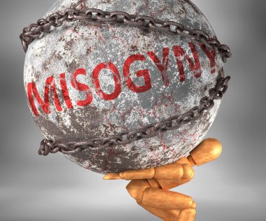 Kadın düşmanlığı ve hayattaki zorluklar, Misogyny 'nin omuzlarında ağır bir yük olarak tasvir edilir. Misogyny' yi bir yük olarak sembolize eder.