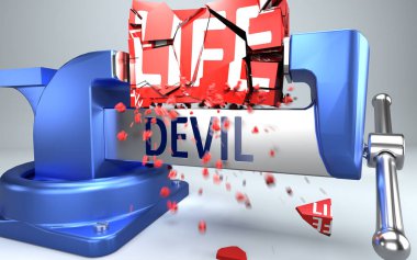 Şeytan, Şeytan kelimesiyle sembolize edilen hayatı mahvedebilir ve yok edebilir. Şeytan 'ın negatif yönünü göstermek için bir ahlaksızlık, 3 boyutlu illüstrasyon.