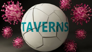 Covid-19 virüsü ve tavernaları, tavernaları tahrip eden virüslerle sembolize ediliyor. Coronavirüs salgınının tavernaları çok olumsuz etkilediğini resmetmek için, 3D illüstrasyon.