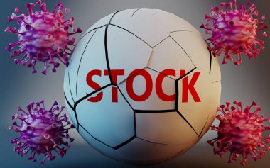 Coronavirus ve stok, virüsler tarafından sembolize ediliyor. Covid-19 salgınının hisse senetlerini çok olumsuz etkilediğini göstermek için stokları tahrip eden virüsler.