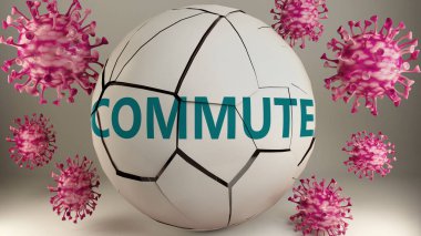 Covid-19 ve işe gidip gelme, virüsler tarafından sembolize ediliyor. Coronavirus salgınının işe gidip gelişi çok olumsuz bir şekilde, 3d illüstrasyonla etkilediği resmediliyor.