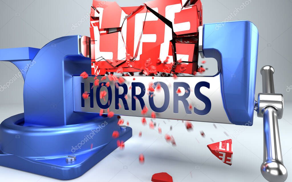 Horrors can ruin and destruct life - symbolized by word Horrors and a vice to show negative side of Horrors, 3d illustration