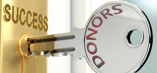 Donoren Succes Afgebeeld Als Woord Donoren Een Sleutel Symboliseren Dat — Stockfoto