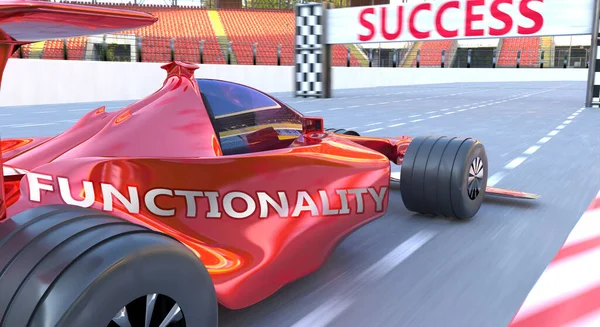 功能和成功 被描绘成单词功能和F1汽车 象征功能可以帮助实现生活和商业的成功和繁荣 3D说明 — 图库照片
