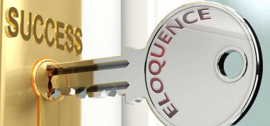 Eloquence 'ın hayatta ve iş hayatında başarı ve refahı, 3d illüstrasyonunu sembolize ettiğini sembolize etmek için anahtar üzerinde bir kelime Eloquence olarak resmedilen konuşma ve başarı
