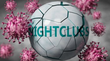 Gece kulüpleri ve Covid-19 virüsleri gece kulüplerini yok ederek Coronavirüs salgınının gece kulüplerini, bulanık arkaplanı ve 3 boyutlu illüstrasyonu yok ettiğini gösteriyor.