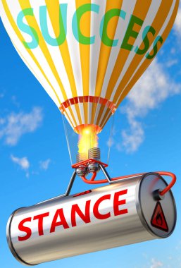 Stance ve başarı. Stance 'ın hayatta ve iş hayatında başarı ve refah elde etmeye yardımcı olabileceğini sembolize etmek için bir kelime Stance ve bir balon olarak resmedilmiş. 3D illüstrasyon.