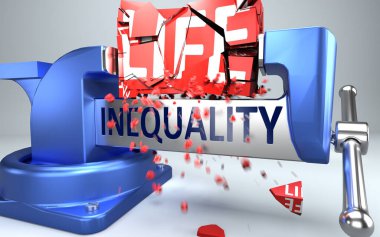 Eşitsizlik hayatı mahvedebilir ve yok edebilir - kelime eşitsizliği ve ahlaksızlıkla sembolize edilerek eşitsizliğin olumsuz tarafını, 3d illüstrasyonunu göstermek için