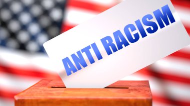 Irkçılık ve Amerikan seçimleri, içinde Amerikan bayrağı ve oy pusulası olan bir oy sandığı ve ırkçılıkla mücadelenin seçimlerle ilgili olduğunu gösteren bir ifade olarak sembolize ediliyor.