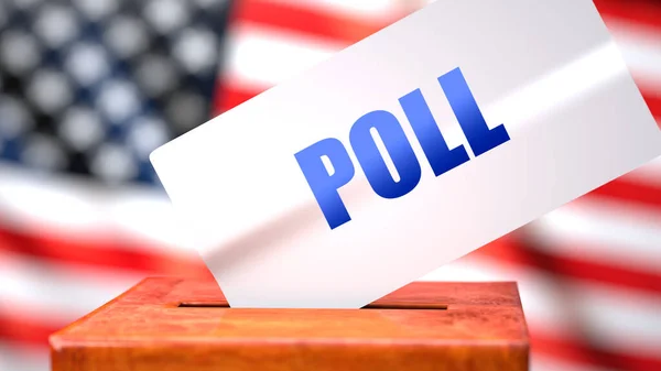 Poll and American elections, symbolized as ballot box with American flag in the background and a phrase Poll on a ballot to show that Poll is related to the elections, 3d illustration