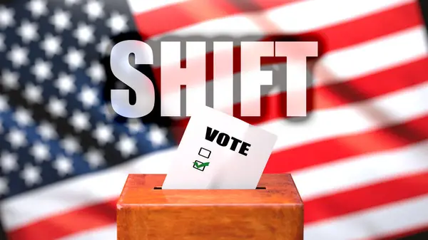 背景にアメリカの国旗が描かれた投票箱として描かれた米国でのシフトと投票 シフトが選挙に関連していることを象徴するフレーズ 3Dイラスト — ストック写真