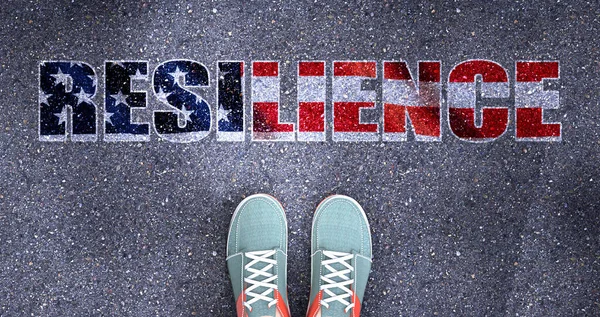 Resilience and politics in the USA, symbolized as a person standing in front of the phrase Resilience  Resilience is related to politics and each person's choice, 3d illustration