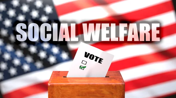 Social welfare and voting in the USA, pictured as ballot box with the American flag and a phrase Social welfare to symbolize that Social welfare is related to the elections, 3d illustration