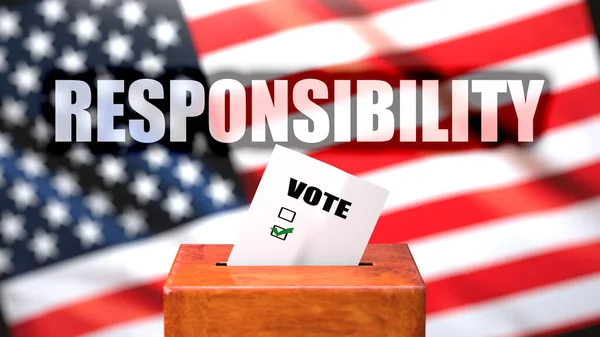 Responsibility and voting in the USA, pictured as ballot box with the American flag and a phrase Responsibility to symbolize that Responsibility is related to the elections, 3d illustration