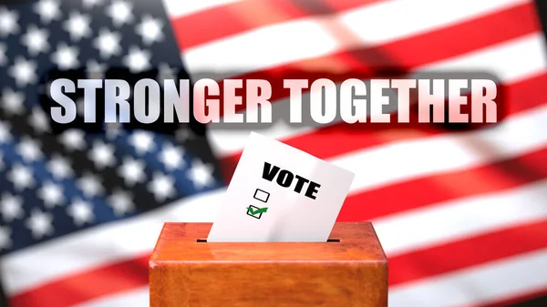 アメリカの国旗とフレーズの投票箱として描かれた 米国での投票と一緒により強く一緒により強い選挙に関連していることを象徴するために一緒に強く 3Dイラスト — ストック写真