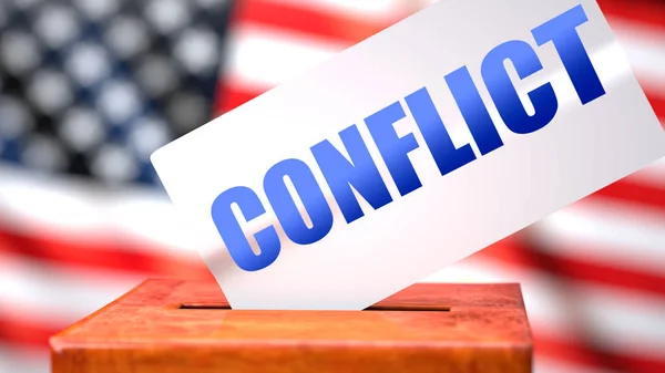 Conflict and American elections, symbolized as ballot box with American flag in the background and a phrase Conflict on a ballot to show that Conflict is related to the elections, 3d illustration