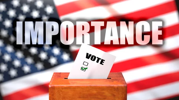 アメリカでの重要性と投票 アメリカの国旗を背景にした投票箱として写真とフレーズ重要性が選挙に関連していることを象徴することの重要性 3Dイラスト — ストック写真