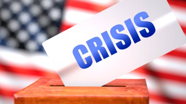 Kriz ve Amerikan seçimleri, arka planda Amerikan bayrağı bulunan bir oy sandığı ve krizin seçimlerle ilgili olduğunu gösteren bir ifade, 3d illüstrasyon şeklinde sembolize ediliyor.