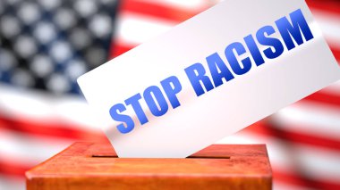 Irkçılığı ve Amerikan seçimlerini durdurun, Amerikan bayrağı ve tabiriyle oy sandığı olarak sembolize edilmiş ırkçılığı durdurun, ırkçılığı durdurun, seçimlerle ilişkili olduğunu gösterin, 3D illüstrasyon