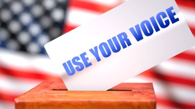 Sesinizi ve Amerikan seçimlerini, Amerikan bayrağı ve tabirle sembolize edilmiş oy sandığı olarak kullanın. Sesinizi bir oy pusulasında kullanın. Sesinizi seçimlerle ilgili kullanın, 3D illüstrasyonla.