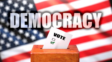 Demokrasi ve oylama, arka planda Amerikan bayrağı ve Demokrasinin seçimlerle ilgili olduğunu sembolize eden bir ifade olan 3D illüstrasyonla resmedilmiş bir oy sandığı olarak ABD 'de görülüyor.