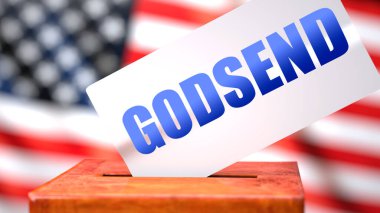 Tanrı 'nın bir lütfu ve Amerikan seçimleri, arka planda Amerikan bayrağı olan bir oy sandığı olarak sembolize ediliyor ve Tanrı' nın oy pusulasında Tanrı 'nın gönderdiği bir ifade, Tanrı' nın seçimlerle ilgili olduğunu gösteriyor, 3D illüstrasyon.