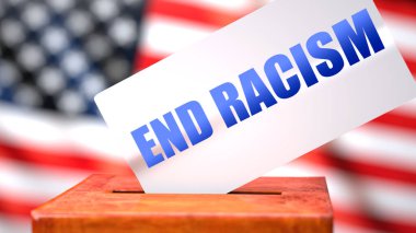 Irkçılığı ve Amerikan seçimlerini sona erdirmek, Amerikan bayrağı ve bir tabirle sembolize edilen seçim sandığı olarak ırkçılığı sona erdirmek, ırkçılığın seçimlerle ilişkili olduğunu göstermek için yapılan oylamaya son vermek, 3D illüstrasyon