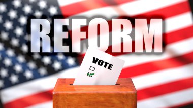 Amerika 'da reform ve oylama, arka planda Amerikan bayrağı bulunan bir oy sandığı ve reformun seçimlerle ilgili olduğunu sembolize eden bir tabir, 3D illüstrasyon