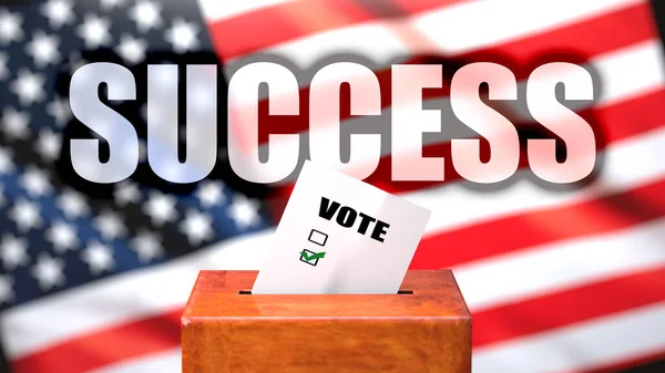 アメリカでの成功と投票 アメリカの国旗を背景に投票箱として写真とフレーズ成功が選挙に関連していることを象徴する成功 3Dイラスト — ストック写真