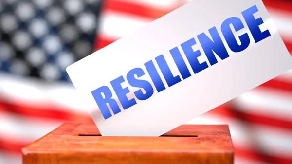 Resilience and American elections, symbolized as ballot box with American flag  and a phrase Resilience on a ballot to show that Resilience is related to the elections, 3d illustration