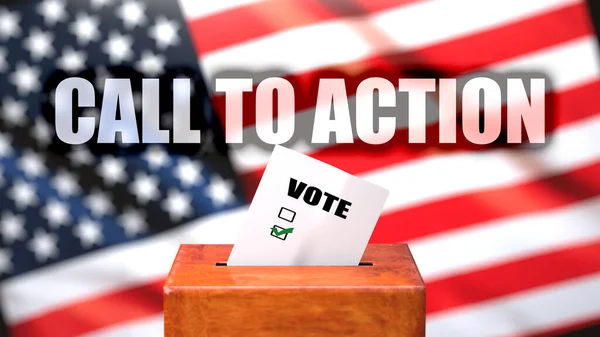 アメリカの国旗と行動への呼びかけと投票箱として描かれたアメリカの投票箱と行動への呼びかけは 行動への呼びかけが選挙 3Dイラストに関連していることを象徴しています — ストック写真