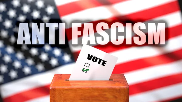 Anti fascism and voting in the USA, pictured as ballot box with American flag in the background and a phrase Anti fascism to symbolize that Anti fascism is related to the elections, 3d illustration