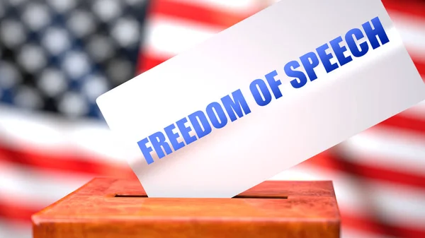 Freedom of speech and American elections, symbolized as ballot box with American flag and a phrase Freedom of speech on a ballot to show that it is related to the elections, 3d illustration