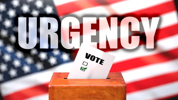 紧急性和在美国的投票 被描绘成一个以美国国旗为背景的投票箱 并有一个短语 紧急性 来表示紧急性与选举有关 — 图库照片