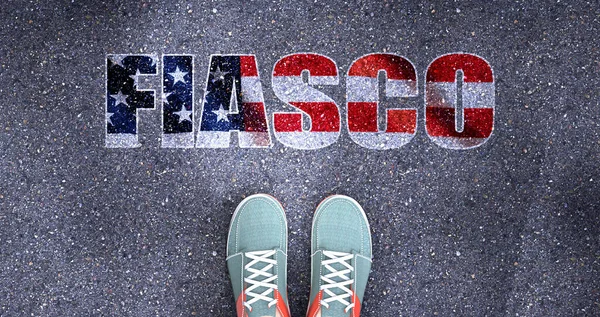 Fiasco and politics in the USA, symbolized as a person standing in front of the phrase Fiasco  Fiasco is related to politics and each person\'s choice, 3d illustration