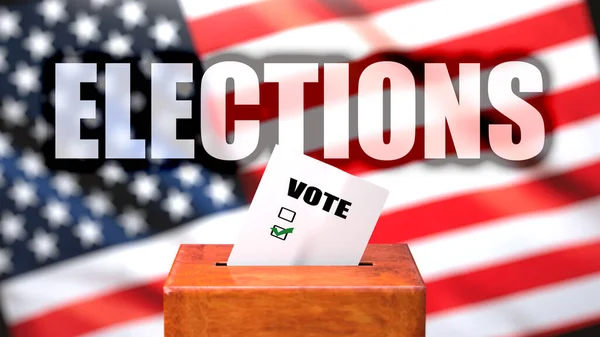 アメリカの選挙と投票 アメリカの国旗を背景にした投票箱 選挙が選挙と関係があることを象徴する選挙というフレーズ 3Dイラスト — ストック写真