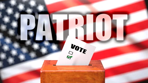 美国的爱国者和投票者 被描绘成一个以美国国旗为背景的投票箱和一个短语 爱国者 来象征爱国者与选举有关 — 图库照片