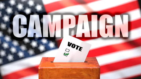 アメリカでの選挙運動と投票 アメリカの国旗を背景にした投票箱としての写真 選挙に関連していることを象徴するキャンペーン 3Dイラスト — ストック写真
