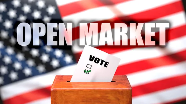 Open market and voting in the USA, pictured as ballot box with American flag in the background and a phrase Open market to symbolize that Open market is related to the elections, 3d illustration