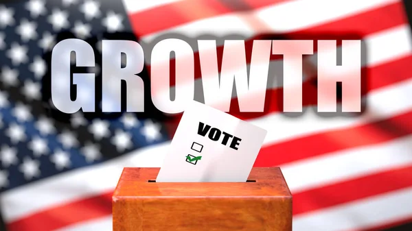 Growth and voting in the USA, pictured as ballot box with American flag in the background and a phrase Growth to symbolize that Growth is related to the elections, 3d illustration