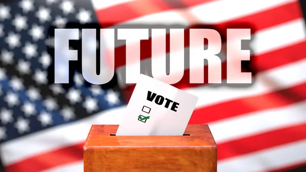 アメリカでの未来と投票 アメリカ国旗を背景にした投票箱としての写真とフレーズ未来は未来が選挙に関連していることを象徴する未来 3Dイラスト — ストック写真