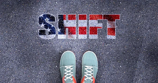 Shift and politics in the USA, symbolized as a person standing in front of the phrase Shift in American flag colors to show that  Shift is related to politics and each person\'s choice, 3d illustration
