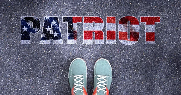 Patriot and politics in the USA, symbolized as a person standing in front of the phrase Patriot  Patriot is related to politics and each person\'s choice, 3d illustration